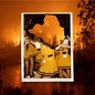 Illustration showing a picture of a wildfire in the woods overlapped with a polaroid of school girls wearing yellow uniforms. The polaroid is burnt so the faces of most of the girls are not visible.
