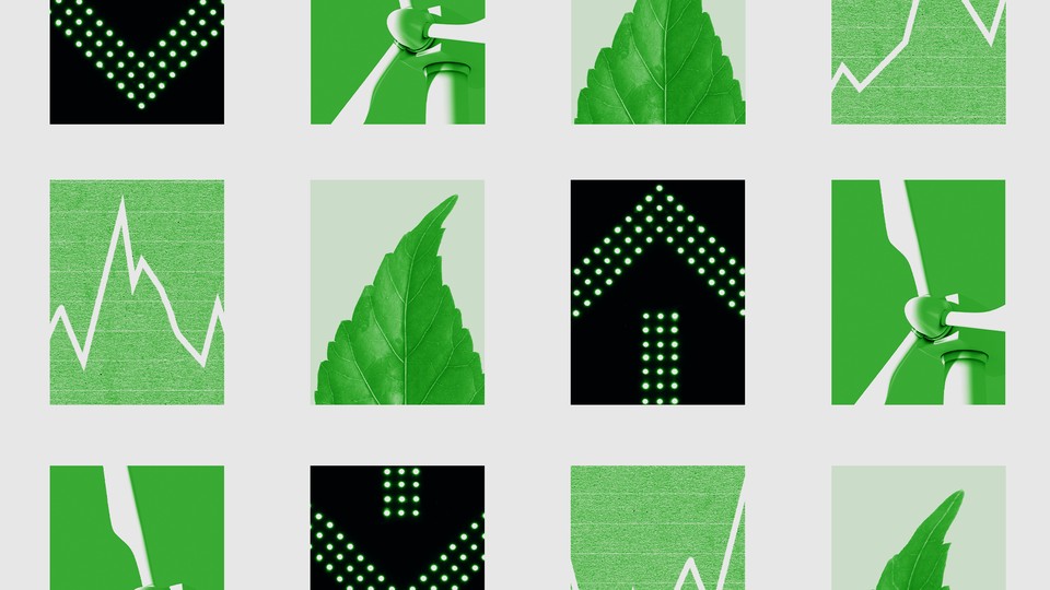 A grid of leaves, investment charts, arrows, and wind turbines