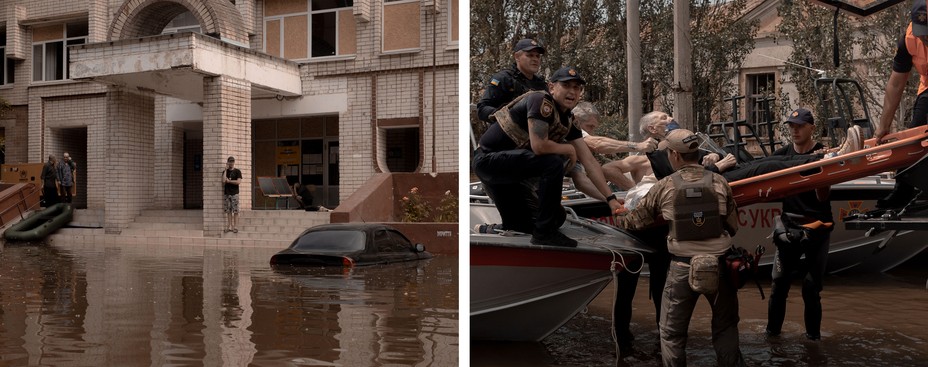 diptych: flooded street with a car and raft; medics evacuating a person from a flooded area