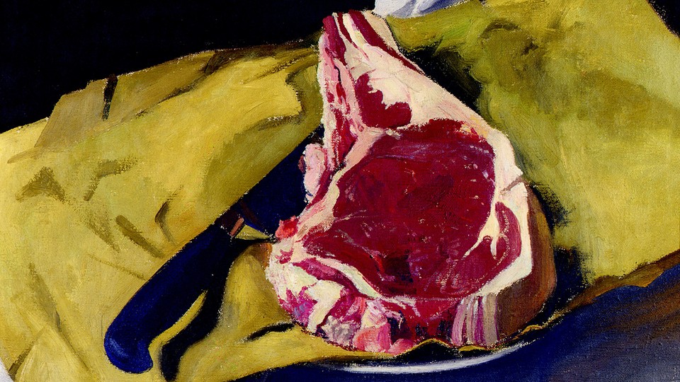 A painting of a steak with a yellow background