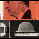 A photo collage in red, white, and black showing Richard Nixon in side profile and explosions