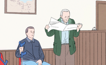 illustration of man seated under picture of Mount Rushmore in waiting room holding crutches next to older man standing and reading newspaper
