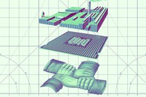 A drawing of a factory atop an equally sized computer chip atop four hands gripping the wrist of the next. This illustration is in front of grid paper with numbers on the x-axis and the y-axis and multiple angles drawn on it.