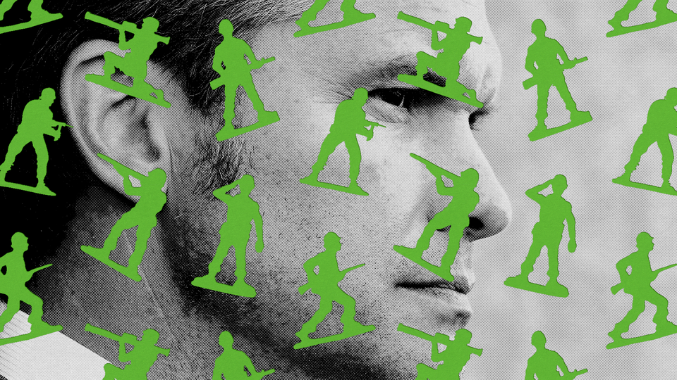 A black-and-white photo of Pete Hegseth overlaid by green cutouts of toy soldiers.