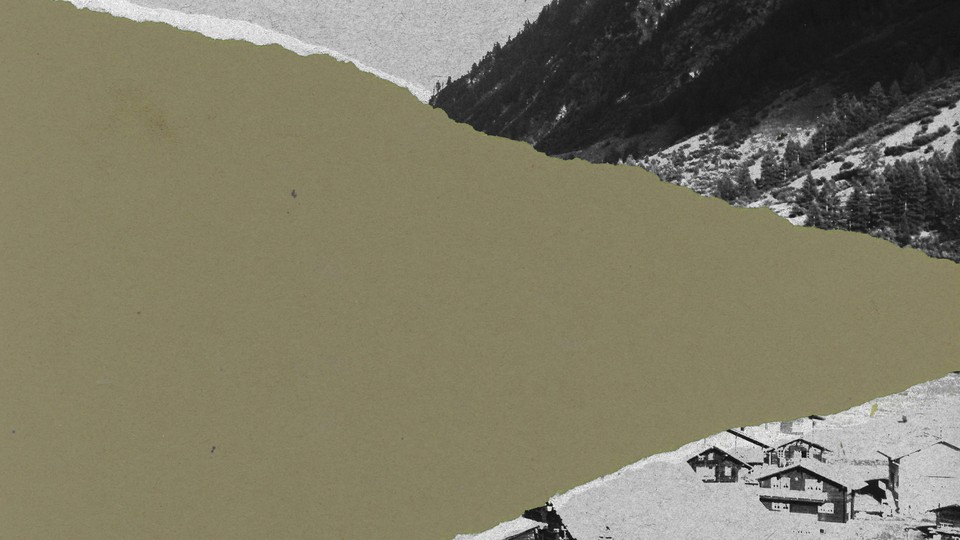 Photo-illustration with black-and-white mountain and town with jagged brown triangle between.