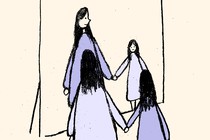 Drawing of a woman and a young girl with similar body shapes, both wearing purple dresses, holding hands in front of a mirror