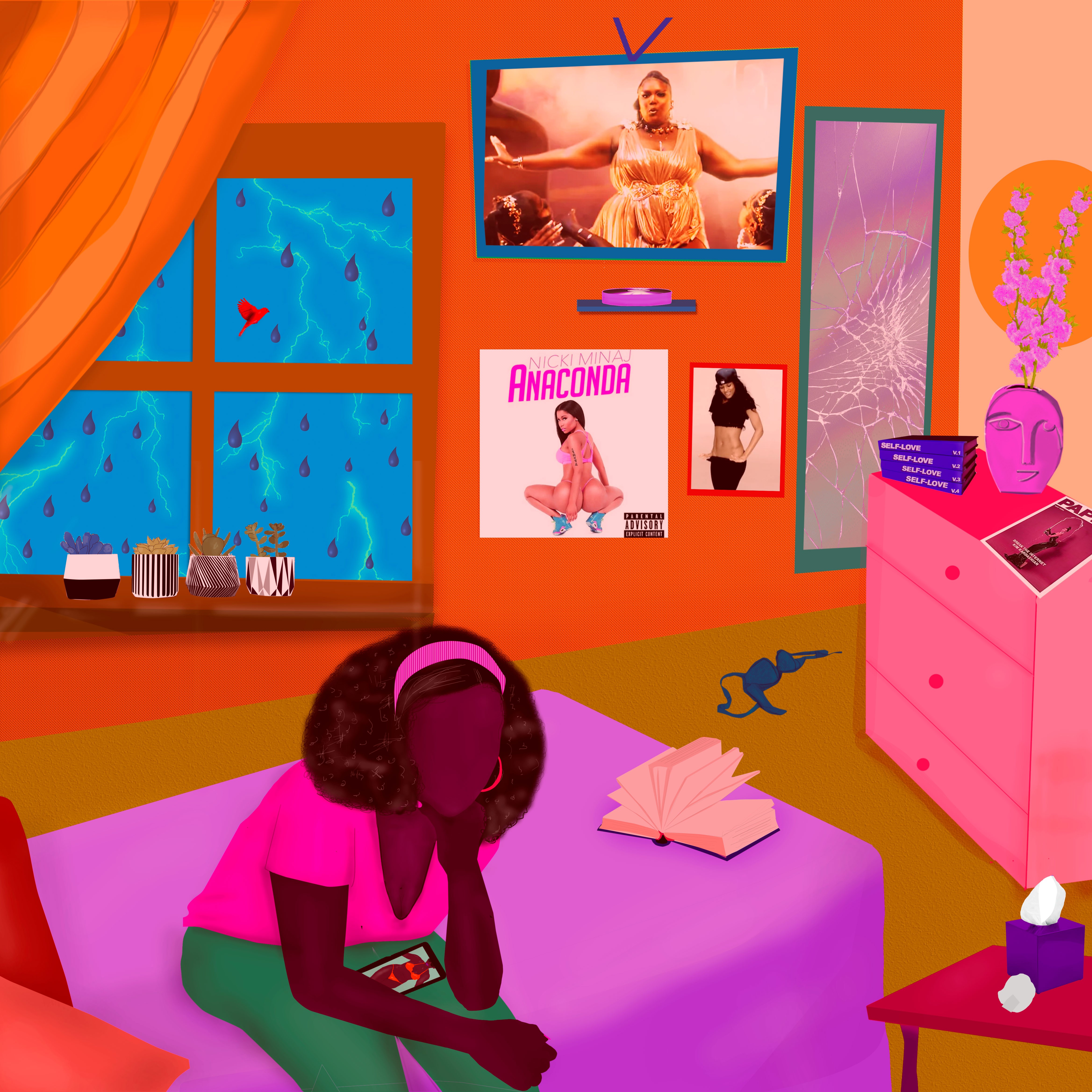 an illustration of a woman in her room with posters of women showing different body types