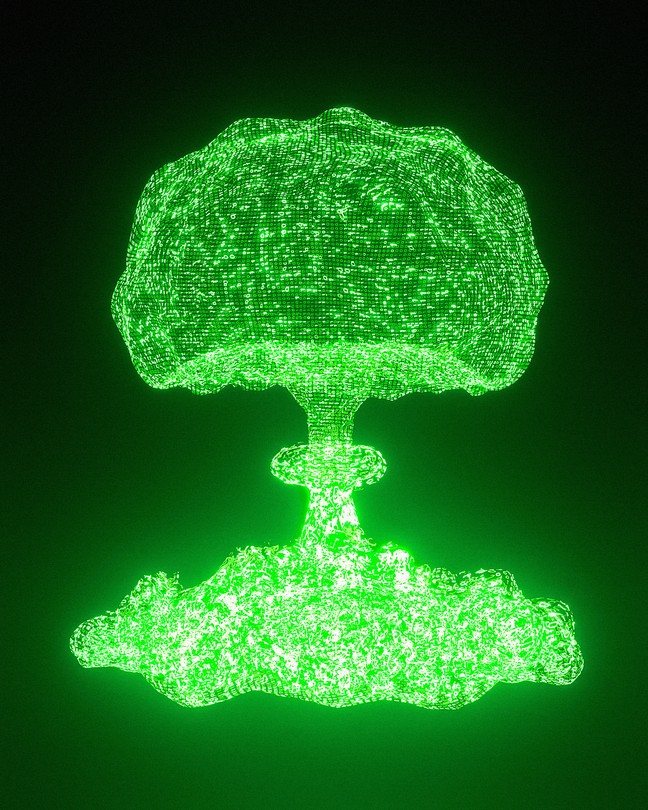 Glowing, bright-green digital mushroom cloud made of 1s and 0s on black background