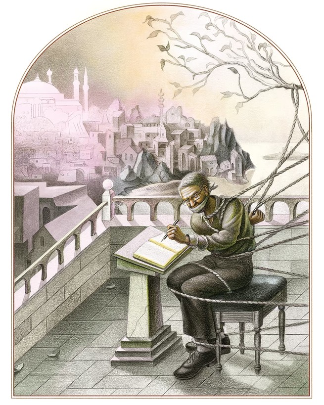 drawing of Orhan Pamuk writing while tied by rope