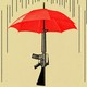 An illustration of an umbrella, with a gun as the umbrella shaft, blocking falling rain