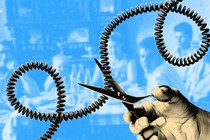 An illustration of a pair of scissors cutting a phone cord, with a portrait of a family in the background