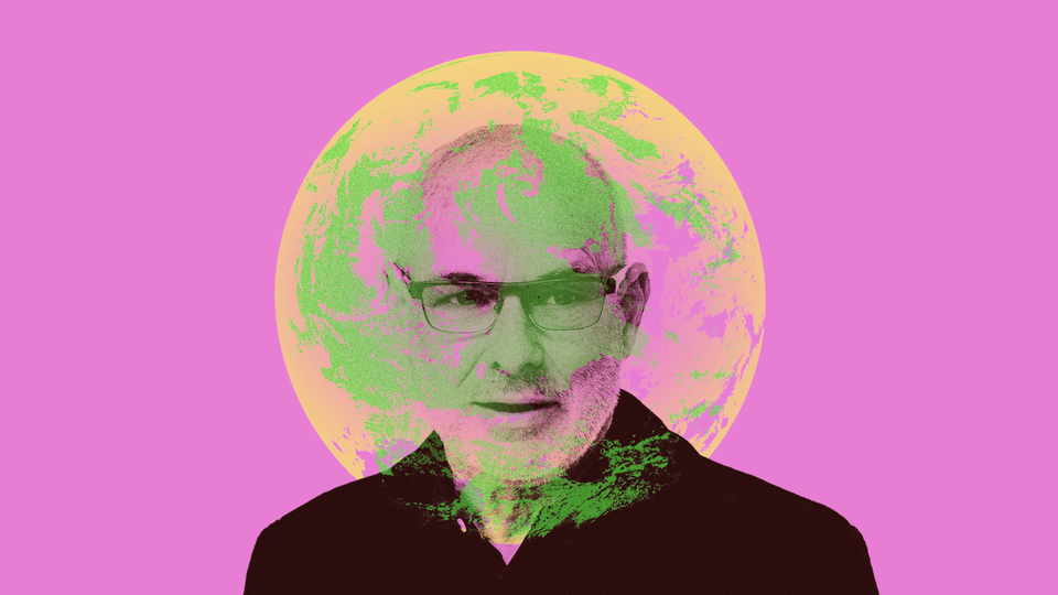 Photo illustration of Brian Eno with an Earth superimposed against his head against a bright-pink background