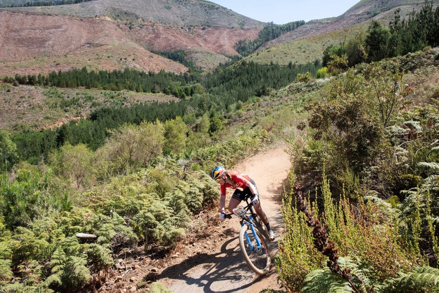 A person rides a mountain bike on a dirt path among mountains.