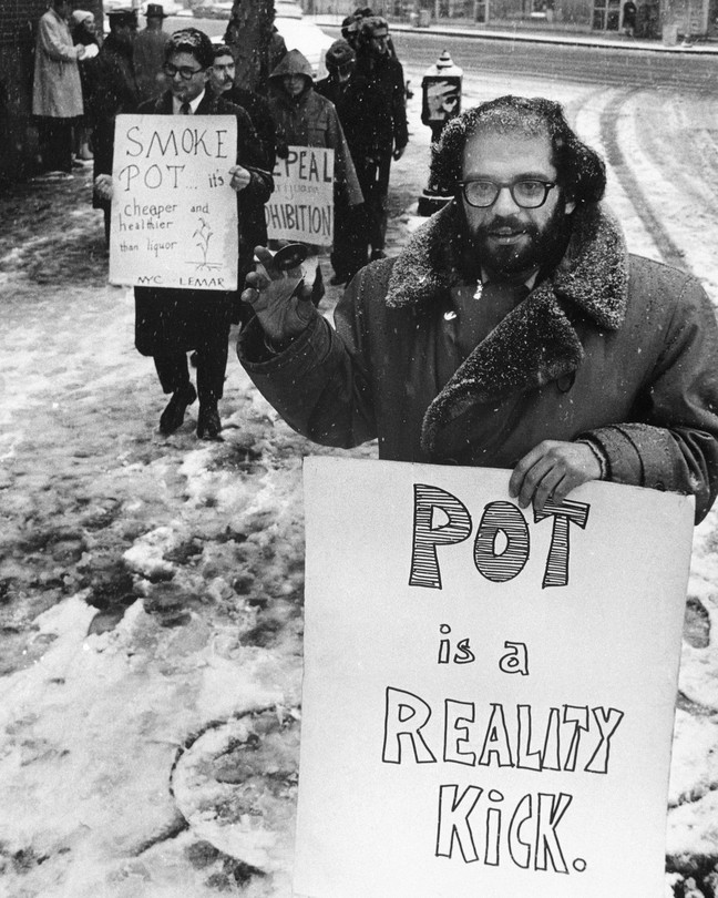 Allen Ginsberg leads a group of demonstrators outside outside the women’s House of Detention in New York City’s Greenwich Village advocating the use of marijuana. Ginsburg is shown carrying a sign “Pot is a Reality Kick.”