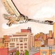 In a painting, an owl flies over New York City
