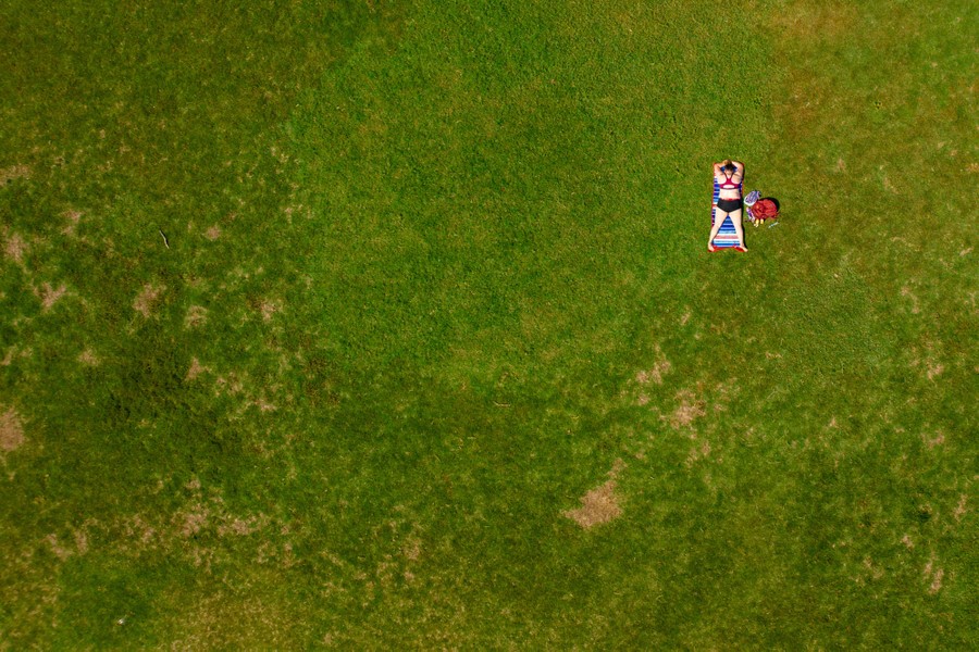 An aerial view of a person lying in the sun in an open grassy area.