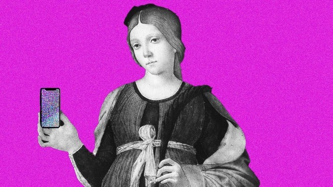 A bright pink background and a medieval woman holding a cell phone 