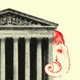 Illustration of the Supreme Court with an image of an elephant representing the Republican party peering out from behind the building