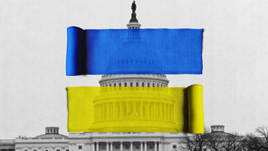 A yellow ribbon and a blue ribbon superimposed on a photo of Congress
