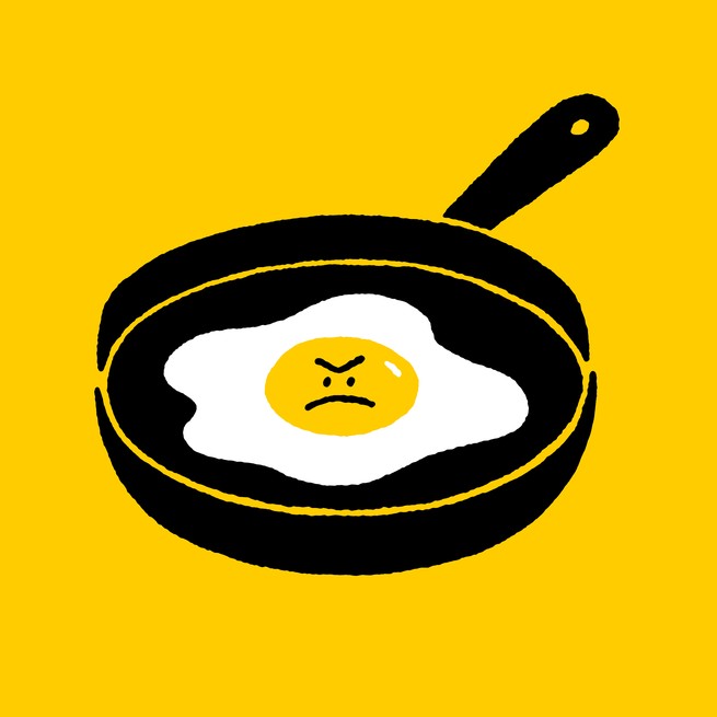 Illustration of fried egg with frowning angry face in yolk in black frying pan on yellow background