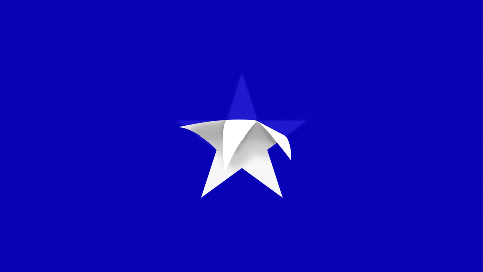 A white star peeling off a blue background.