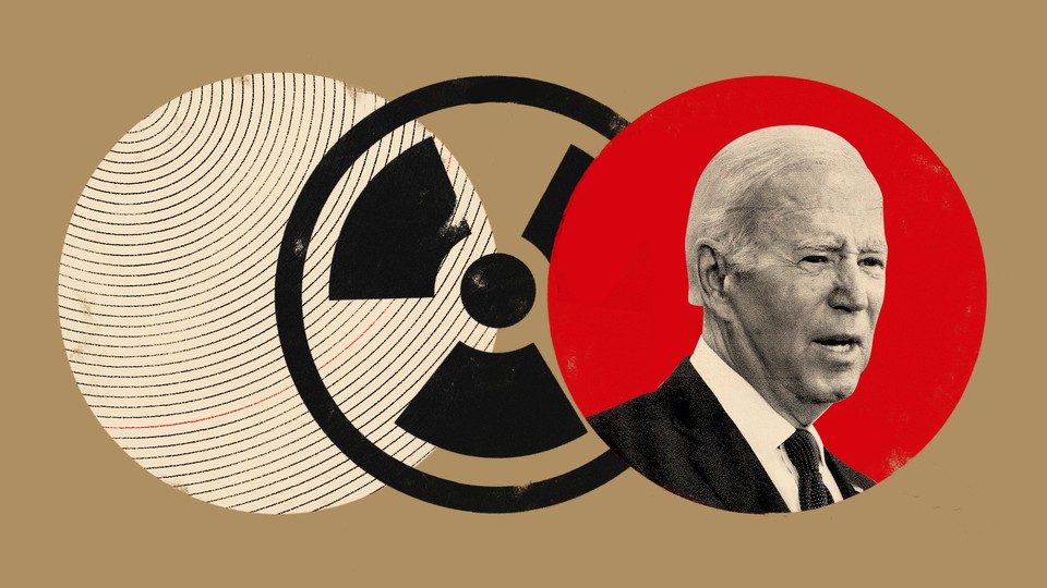 An illustration featuring an image of Joe Biden and a nuclear symbol