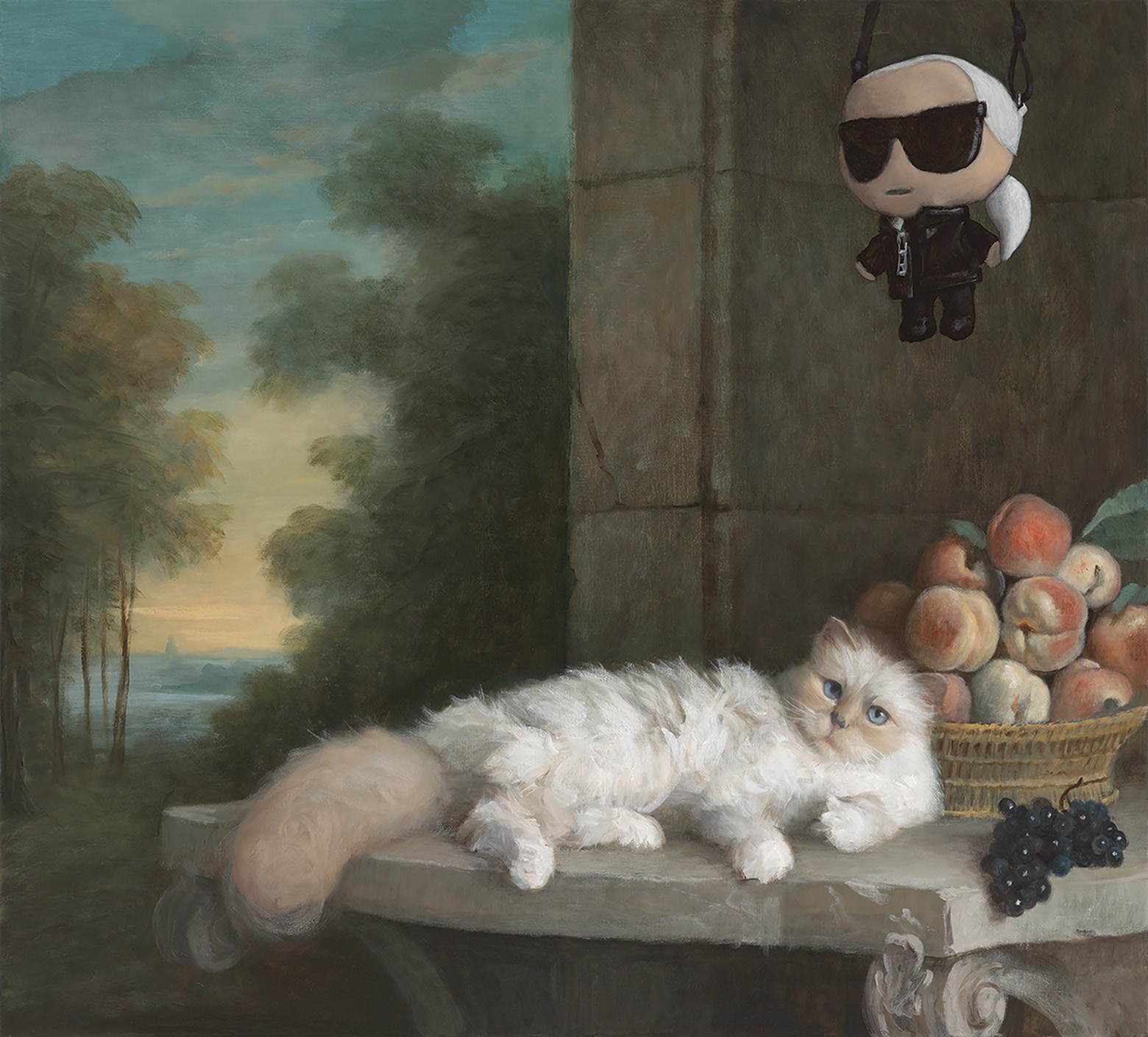 oil painting with fluffy cat reclining on table next to bowl of peaches with landscape in background and a funko-pop-style doll of Karl Lagerfeld in sunglasses and black suit floating above