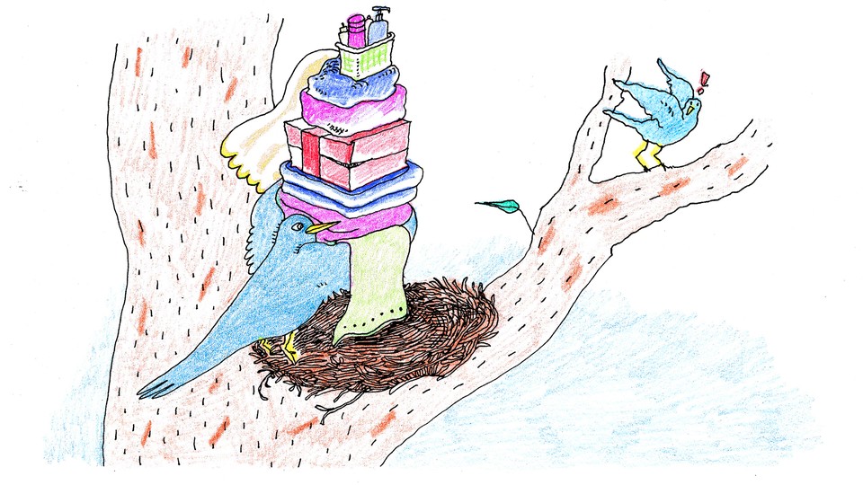 A mama bird holding a pile of stuff, preparing to follow a baby bird as it leaves the nest