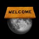 A picture of the moon with a giant orange "Welcome" sign sitting on top