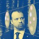 Photo illustration with Adam Riess behind a schematic representation of the standard model of cosmology