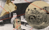 illustration with archival photos of woman in 19th-century dress, a group of men in hats standing around a cannon, the kitchen of an old house, and an illustration of an eye connected by red lines