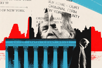 A collage illustration of Donald Trump walking, the New York skyline, and the front of the Manhattan courthouse