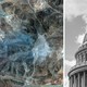 Collage of a satellite view of the Fordow nuclear-enrichment facility following U.S. strikes and the dome of the U.S. Capitol