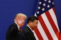 Donald Trump and Xi Jinping are positioned in front of an American flag.