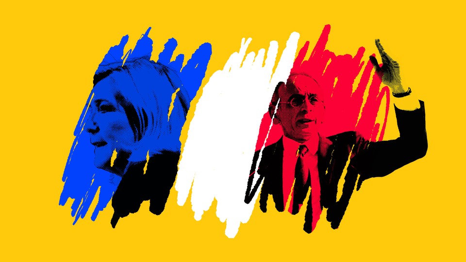 An illustration set on a yellow backdrop of Marine Le Pen's photo scribbled over with blue and Emmanuel Macron's photo scribbed over with red, with white scribbles between the two to mimic the French flag