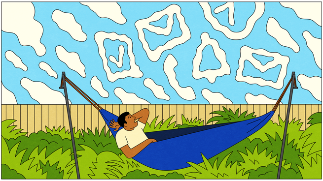 An illustration of a man lying on a hammock, looking at the clouds in the sky. The clouds are shaped like emails and internet notifications.