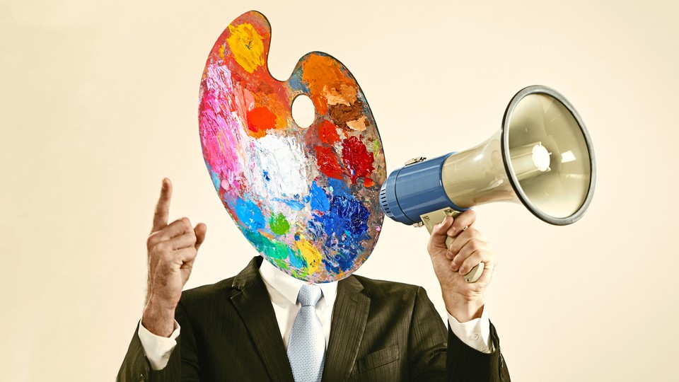 illustration of a man in a suit who has a paint palette for a head and is holding a megaphone