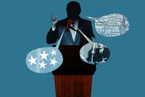 On a deep cerulean background, a person in a suit stands behind a podium with a red microphone. Their hand is raised and speech bubbles come from are visible. One has five white stars, one has a person sitting behind a mic and another has a map of Washington D.C.
