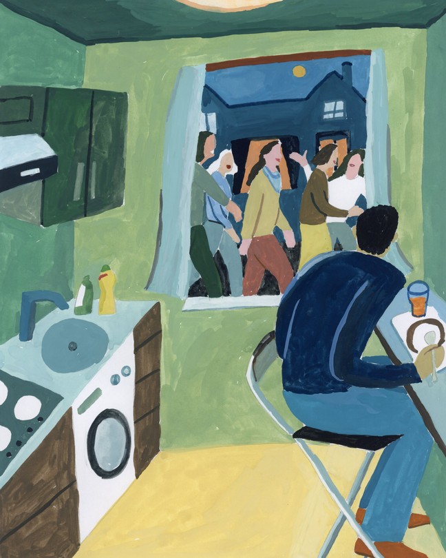 A colorful illustration of a man eating alone in his home as a group of friends walk by his window laughing