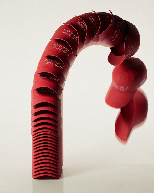 Illustration of a stack of red “Make America Great Again” caps toppling