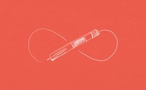 A sketch of an ozempic pen forms the center of an infinity sign against a bright red background