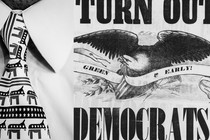 An illustration comprising emblems and slogans of the two main parties, Democratic and Republican.