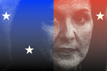 Portrait of Nikki Haley overlaid with red and blue Ben-Day dots and white stars