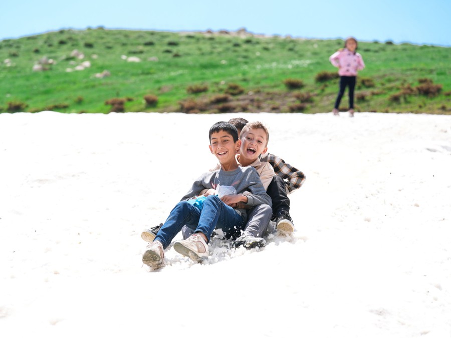 Children sled down a snow-covered slope.