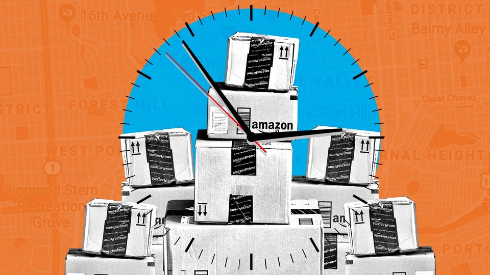 A stack of Amazon packages overlaid with a clock and a map of San Francisco