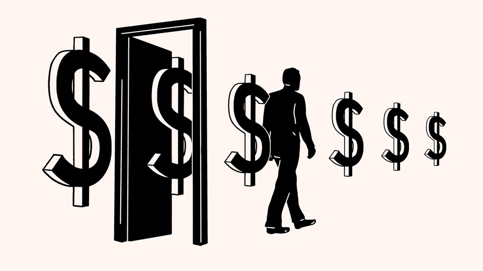 Dollar signs following and preceding a silhouetted figure through an open door