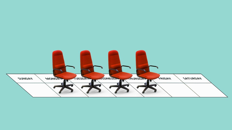 An illustration of four office chairs overlaid on a weekly calendar