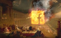 illustration with an 1820 painting of outdoor feast with people in historical dress fleeing a giant flaming Facebook logo in a colonnaded courtyard