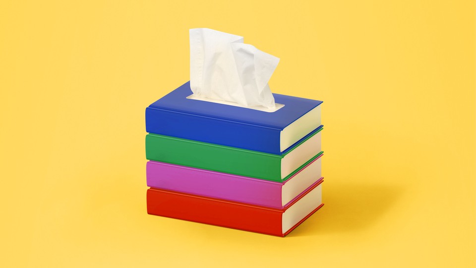A stack of books with a tissue coming out of the top, like a tissue box.