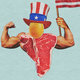 An illustration of a raw T-bone steak with flexed muscly arms and an egg for a head, waving an American flag and wearing an American-flag-themed hat